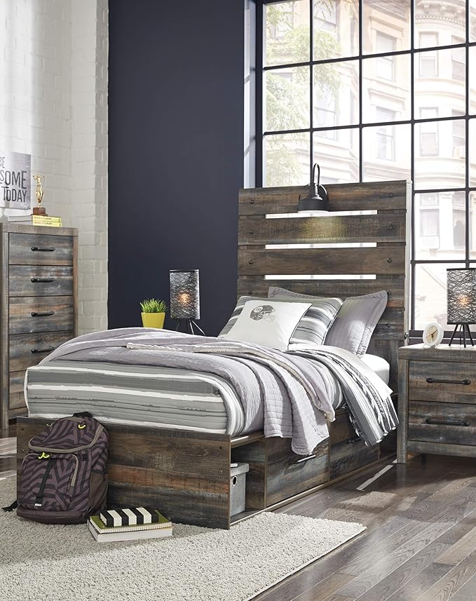 Signature Design by Ashley Drystan Rustic Twin Panel Platform Bed with 4 Storage Drawers, Open Cubbies, Sconce LED Light and USB Ports, Foundation or Box Spring Not Needed, Dark Brown & Gray