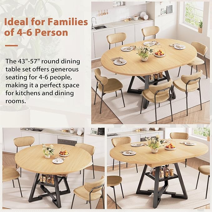 Round Dining Table Kitchen Dining Room Dinner Table for 4-6, Space Saving Extendable Oval Circle Furniture with Pedestal Base and Storage Shelf for Kitchen Living Room (Wood, for 4-6)