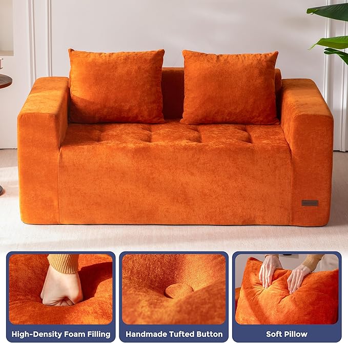 MAXYOYO Modular Sofa Couch, 61" Loveseat Boneless Cloud Couch with Deep Seat, Chenille Upholstered Living Room Sleeper Sofa Chair for Living Room, No Assembly Required, Orange