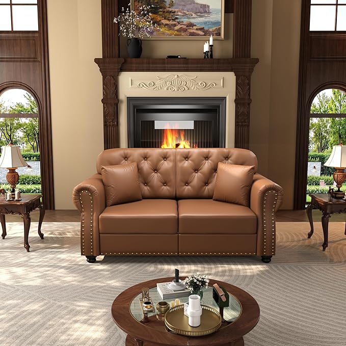 KEIKI 63" Faux Leather Chesterfield Sofa with Rolled Arms & Nailhead Trim & 2 Ottoman, 2-Seater Button Tufted Couch with High Resilience Cushion & 2 Pillow, Easy Assembly, for Living Room, Brown