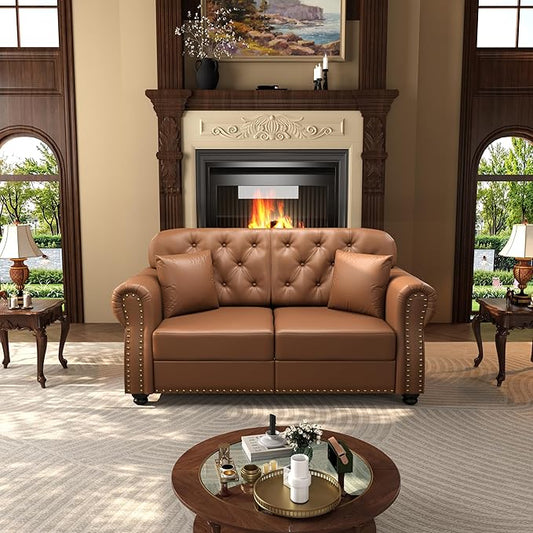 KEIKI 63" Faux Leather Chesterfield Sofa with Rolled Arms & Nailhead Trim, Modern Style 2-Seater Button Tufted Couch with High Resilience Cushion & 2 Pillow, Easy Assembly, for Living Room, Brown