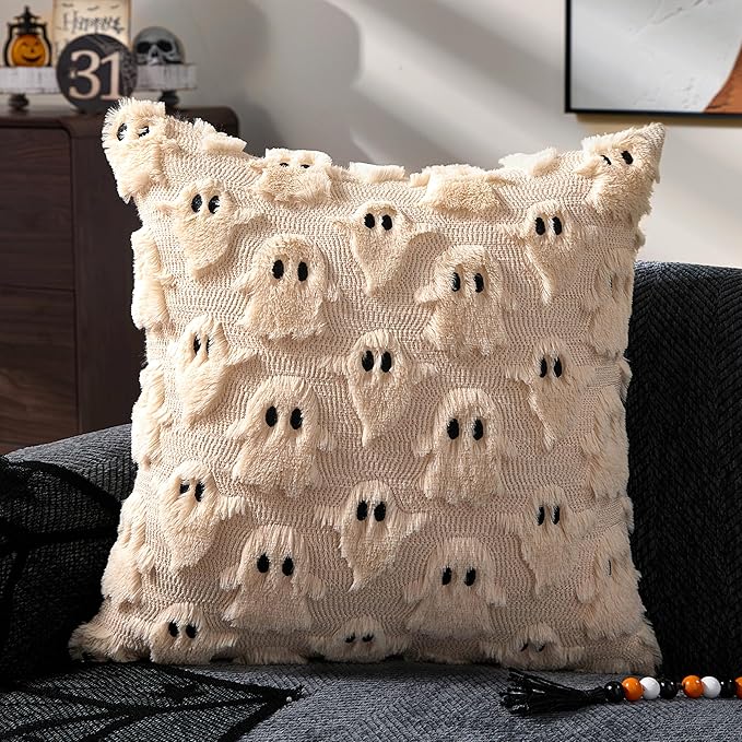 DFXSZ Halloween Pillow Covers 20x20 inch Set of 2 Beige Ghost Throw Pillow Cases Soft Plush Faux Fur Wool Couch Cushion Case for Chair Sofa Bedroom Living Room Home Decor PTK03D20