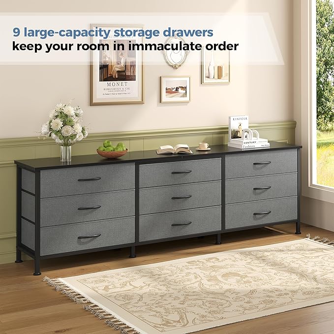 DUMOS TV Stands for Living Room Furniture with 9 Fabric Drawers, Long Entertainment Center Up to 75 Inch TV, Media Console Table with Storage for Bedroom, Adjustable Feet, Grey.