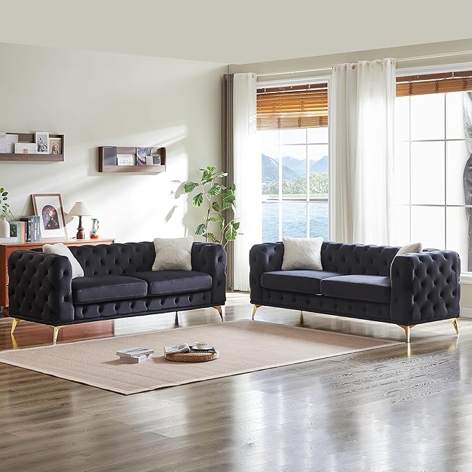 KEIKI 2-Piece Luxury Chesterfield Sofa Set with 2 Velvet 3-Seater Sofa, Mid-Century 6-Seater Tufted Buttons Couch Set with 4 Pillows & High-Density Foam Cushions, Easy Assembly, for Living Room, Black