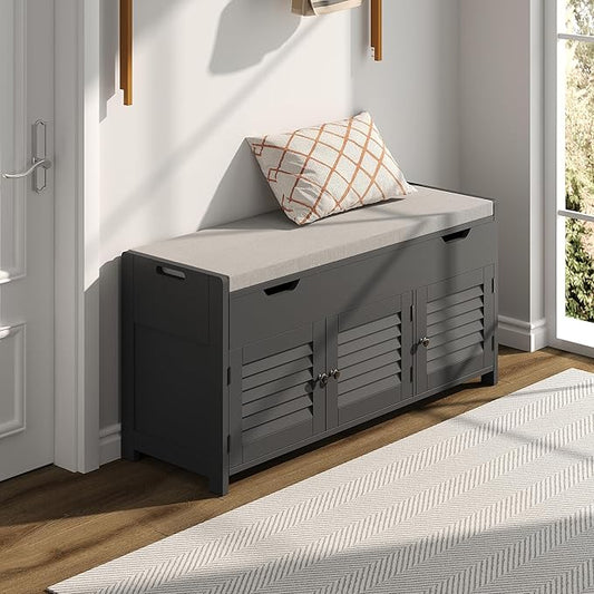 ChooChoo 41.3" Shoe Storage Bench with Lift Top Storage, Entryway Bench with Cushioned Seat, Adjustable Shelf, Shoe Cabinet with Hidden Space, for Entryway, Bedroom, Living Room, Black
