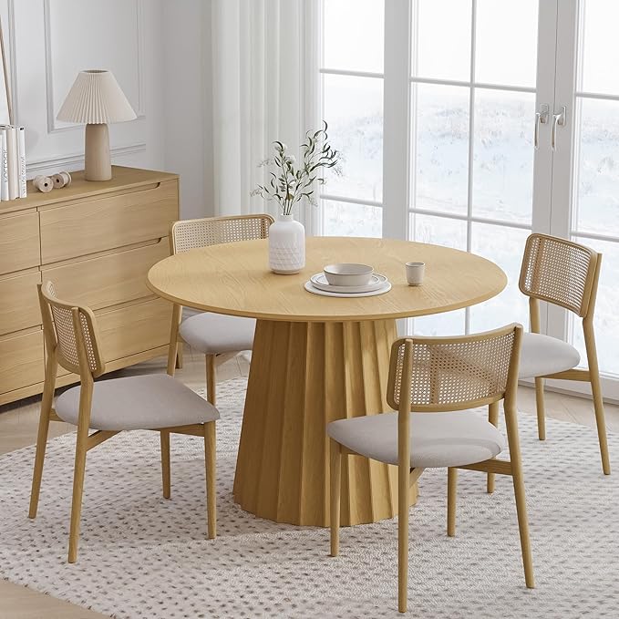 Casaphoria 46" Round Dining Table, Modern Wood Kitchen Table with Cone Shaped Strip Concave Base for Living Room & Dining Room, Easy Assembly Farmhouse Furniture for 4-6, Oak