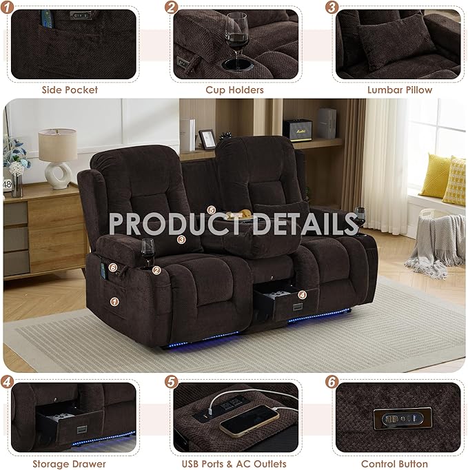 TUNYI Wall Hugger Loveseat Recliner Sofa with Console, Power Reclining Loveseat RV Couch with Massage & Heat/USB/Outlet/Storage/LED Light/Speaker (Brown)
