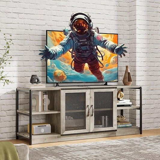 GAOMON Farmhouse TV Stand for 65/75 in TVs, Industrial TV Cabinet with 2 Mesh Doors and 4 Shelves, Vintage TV Console for Living Room, Bedroom