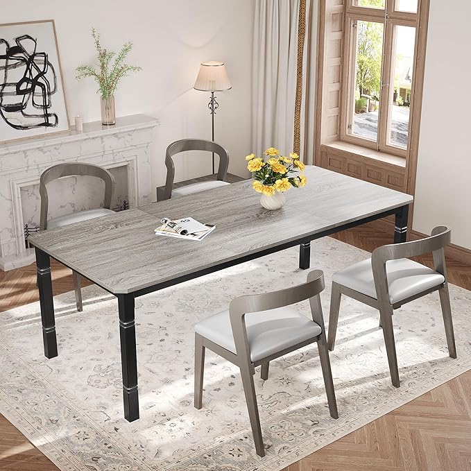 Garvee Large Dining Table for 6-8 People, 79" Wooden Kitchen Table with Sturdy Metal Frame, Dining Room Table for Dining Room, Kitchen, Black Leg & Grey