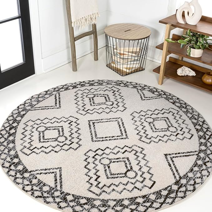 JONATHAN Y Amir Moroccan Beni Souk Cream/Black 8' Round Indoor Area Rug, Bohemian, Scandinavian, Easy-Cleaning for Living Room, Bedroom, Kitchen, Pet Friendly, Non-Shedding (MOH200A-8R)