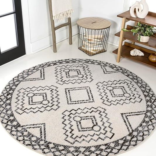 JONATHAN Y Amir Moroccan Beni Souk Cream/Black 8' Round Indoor Area Rug, Bohemian, Scandinavian, Easy-Cleaning for Living Room, Bedroom, Kitchen, Pet Friendly, Non-Shedding (MOH200A-8R)