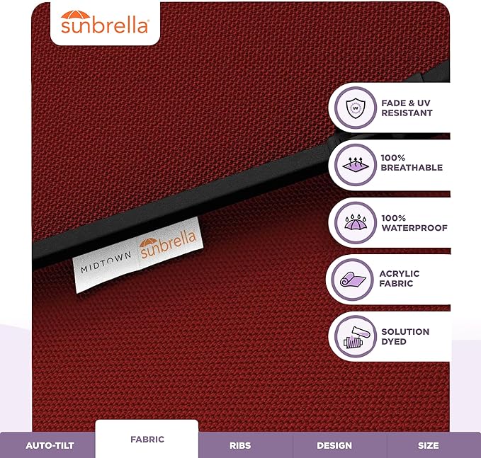 Midtown Umbrellas - The Lean 10 Ft Patio Umbrella with Fade-Resistant Sunbrella Fabric, Auto-Tilt Aluminum Frame and 8 Reinforced Ribs for Deck, Pool & Garden - Red Canopy, Black Pole