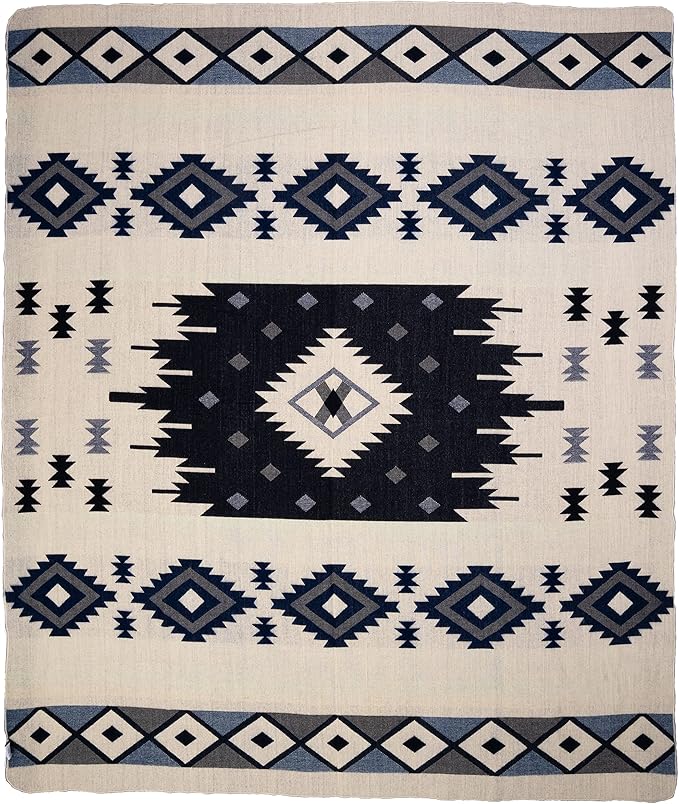 QISU Wool Blanket Throw | Large, Beautiful, Warm, Soft, Handmade in Ecuador by Local Artisans |94″ x 78″| Ultra-Soft, Hypoallergenic & Breathable | Non-Itchy or Scratchy Fabric (Blue Pyramid)