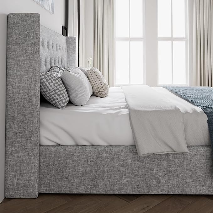 SHA CERLIN Queen Size Lift Up Storage Bed Frame,Button Tufted Wingback Headboard,Upholstered Platform,Hydraulic Storage,Wooden Slat Support,No Box Spring,Light Grey