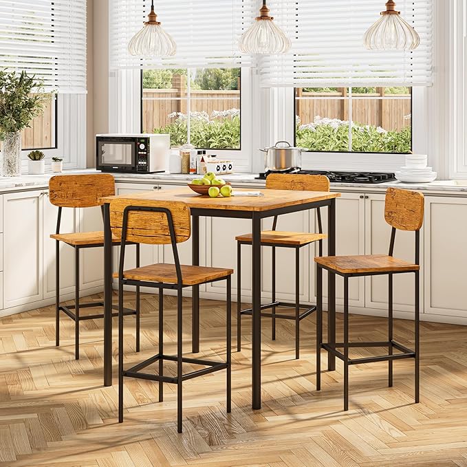 Kitchen Table and Chairs of 4, 5 Piece Dining Table Set, Sturdy Industrial Space Saving Dinette Set for Pub, Family Dinners, Apartment, Teak