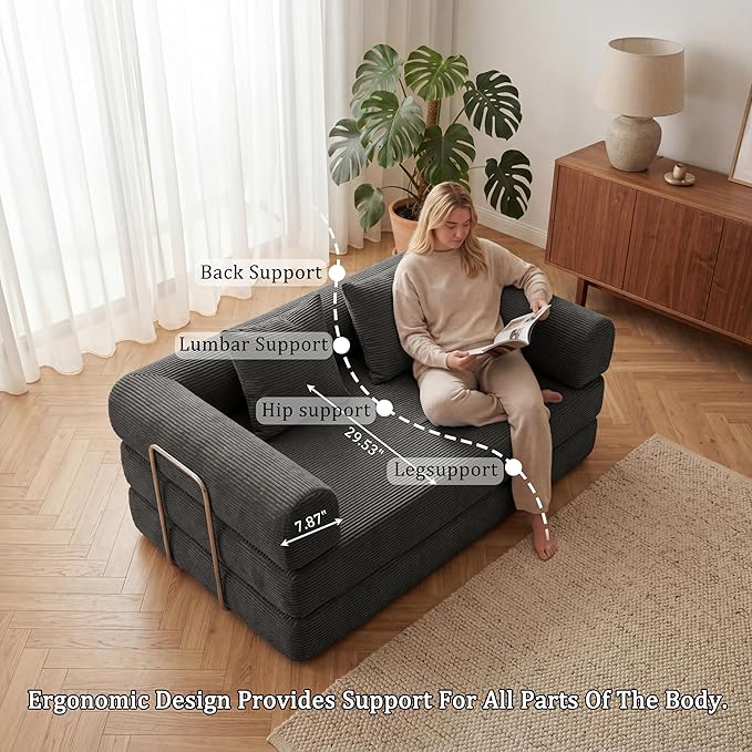 HouseMila 53.15" Boneless Couch,4-in-1 Futon Sofa Bed Modular Loveseat Sleeper Folding Compressed Couch with Pillows,No Assembly Required Convertible Sofa Bed for Living Room Bedroom Guest Room,Grey
