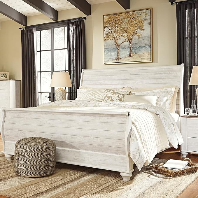 Signature Design by Ashley Willowton Coastal Sleigh Bed, Foundation or Box Spring Needed, King, Beige