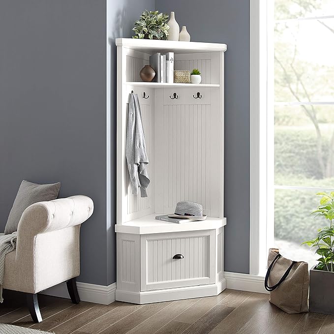Crosley Furniture Seaside Corner Hall Tree with Shoe Rack Bench and Coat Hooks for Hanging Storage, Distressed White