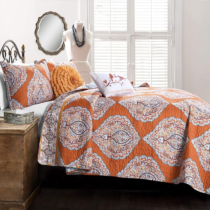 Lush Decor Harley Reversible Quilt Set, 5 Piece Set, King, Tangerine - Boho Bedding Set - Orange Quilt - Bold & Colorful Paisley Quilt - Maximalist & Boho Bedroom Decor