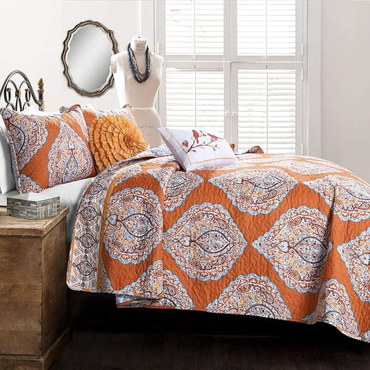 Lush Decor Harley Reversible Quilt Set, 5 Piece Set, King, Tangerine - Boho Bedding Set - Orange Quilt - Bold & Colorful Paisley Quilt - Maximalist & Boho Bedroom Decor