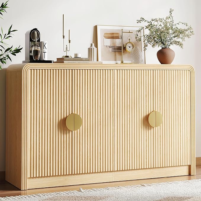 55" Buffet Sideboard Cabinet, Mid Century Modern Console Cabinet with Wavy Grain Doors & Adjustable Shelves for Kitchen Cabinets, Living Room, Entryway, Coffee Bar Cabinet (Natural Oak)