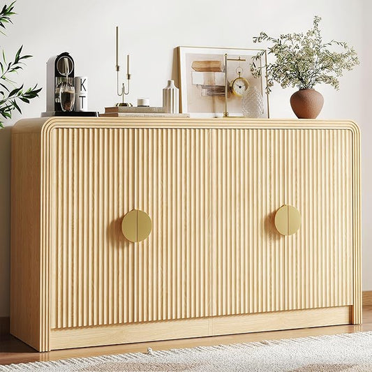 55" Buffet Sideboard Cabinet, Mid Century Modern Console Cabinet with Wavy Grain Doors & Adjustable Shelves for Kitchen Cabinets, Living Room, Entryway, Coffee Bar Cabinet (Natural Oak)