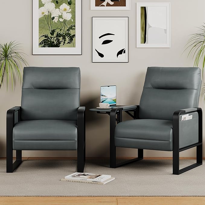 Alunaune Upholstered Living Room Chair Armchair, Mid Century Faux Leather Metal Accent Chair, Reception Couch Slipper Club Lounge Chair Guest Comfy Single Sofa with Sidetable for Bedroom-Dark Grey