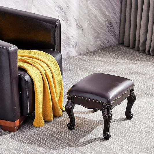 LKZ Foot Stool Microfiber Leather Ottoman Wooden Shoe Stool Small Sofa Stool Footrest Stool for Living Room Bedroom (Black-Brown)