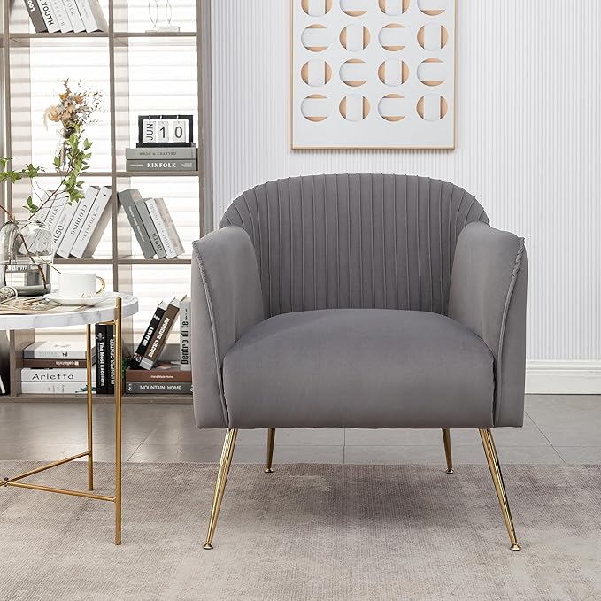 Contemporary Velvet Accent Chairs for Living Room, Bedroom and Entryway, Modern Armchair with Sleek Metal Legs, Elegant Seating Solution for Small Spaces, Grey