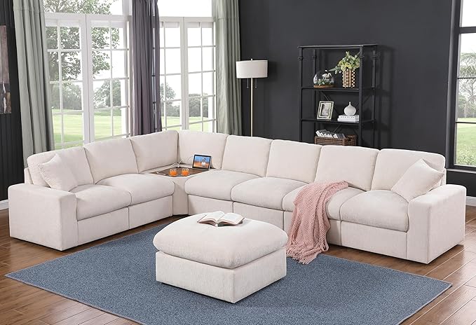 Ball & Cast 146" Oversized Modular Sectional Sofa,Large Chenille Upholstered Couch L-Shaped 8 Seat with Movable Ottoman & 2 Pillows,Comfty Sectionals W/Cup Holders & USB Ports,for Living Room,Beige
