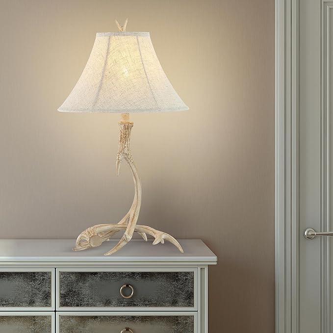 JONATHAN Y 27.5" Beige Antler Rustic Resin Table Lamp for Living Room Bedroom, Light Grey Linen Shade, Farmhouse Lodge Nightstand Lamp, LED Bulb Included (JYL6305B)