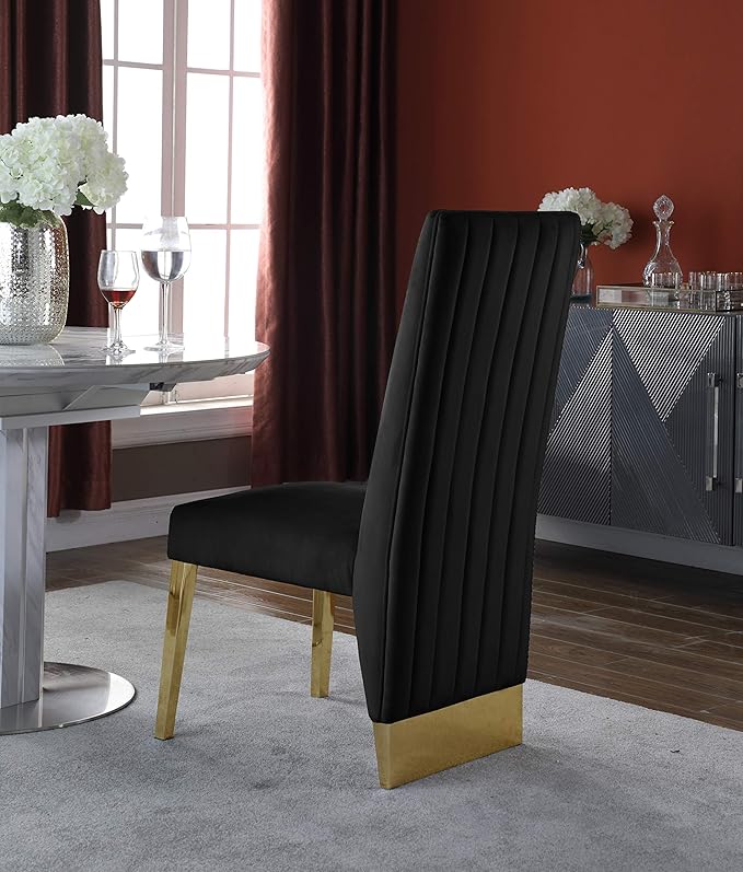 Meridian Furniture Porsha Collection Modern | Contemporary Dining Chair with Deep Channel Tufted Back and Sturdy Metal Legs, Set of 2, 19.5" W x 27" D x 42" H, Black Velvet Upholstered