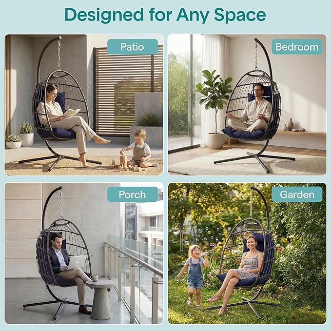 SereneLife Hanging Egg Chair with Stand - Indoor/Outdoor Swing Hammock Chair with Plush Washable Cushions & Headrest, 350LBS Capacity, Ideal for Relaxation in Bedrooms, Balconies, Gardens, and Patios