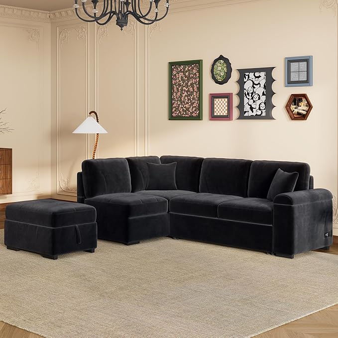 Merax Sofa Bed Sleeper Couch L Shaped Sofa with Storage Ottoman, L-Shape Sectional Couch with Comfortable backrest for Living Room and Small Apartment (Black)
