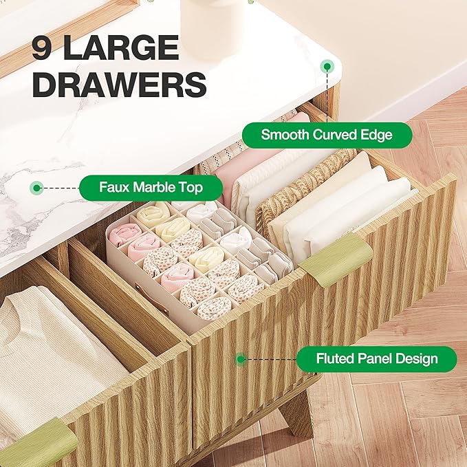 Pamapic 57" Sideboard Buffet Cabinet with Storage, Fluted Storage Cabinet with 9 Drawers, Modern Credenza with Faux Marble Top, Wood Buffet Console Table for Living Room, Hallway, Natural