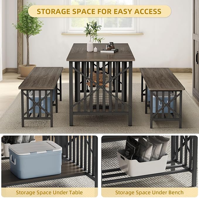DWVO 3-Piece Dining Table Set for 4-6 People with 2 Benches, 63" Dining Room Table, Industrial Rectangular Dining Room Table Set with Storage for Kitchen, Dining Room, Grey