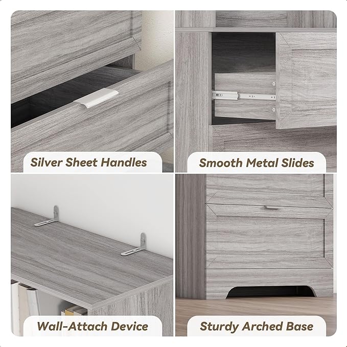 71'' Tall Bookshelf with Drawers,6 Tier Wooden Bookcase Storage Organizer,Freestanding Display Cabinet with Adjustable Shelves for Living Room, Bedroom, Kitchen, Home Office, Wash Grey