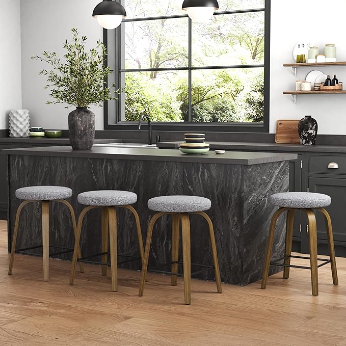 Bar Stools Set of 2, Counter Height Backless Bar Stools, 26" Swivel Barstools Kitchen Chair with Upholstered Fabric Seat, Gray
