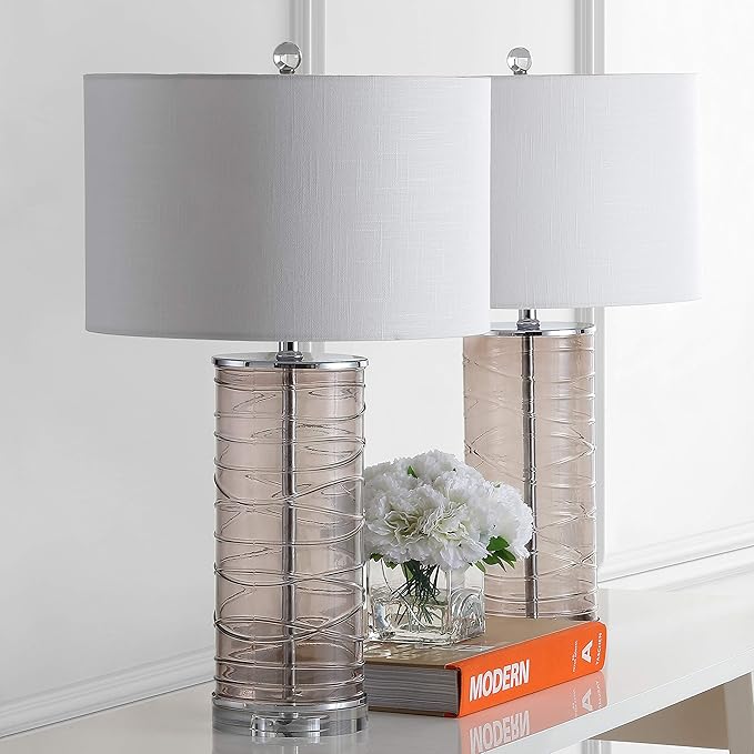 JONATHAN Y 27.5" Smoky Gray Modern Fused Glass Table Lamp Set of 2 for Bedroom Living Room, Coastal Nightstand Bedside Lamp with White Linen Shade, LED Bulbs Included (JYL4016C-SET2)