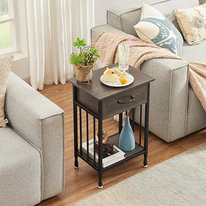 VECELO Nightstands, Industrial Side/End Tables with Drawer and Storage Shelf, Night Stands for Bedroom, Living Room, Wood Metal Furniture, Easy Assembly
