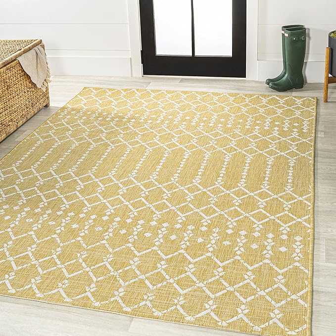 JONATHAN Y Moroccan Geometric Indoor Outdoor Area Rug 3X5 Yellow/Cream, Ourika Textured Weave for Backyard, Patio, Porch, Easy-Cleaning, High Traffic, Pet-Friendly, Non-Shedding (SMB108G-3)
