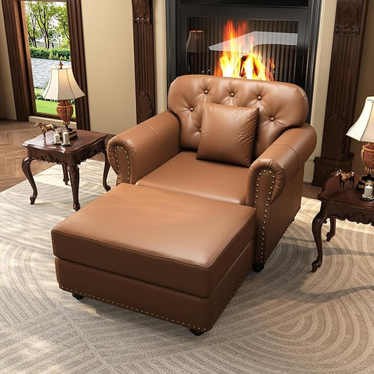 KEIKI 41" Faux Leather Chesterfield Sofa with Rolled Arms & Nailhead Trim & 1 Ottoman, 1-Seater Button Tufted Couch with High Resilience Cushion & 1 Pillow, Easy Assembly, for Living Room, Brown