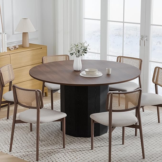 Casaphoria 52" Round Dining Table for 6, Two-Tone Walnut Wood Top and Black Pedestal Base, Modern Farmhouse Style, Dining Table Only
