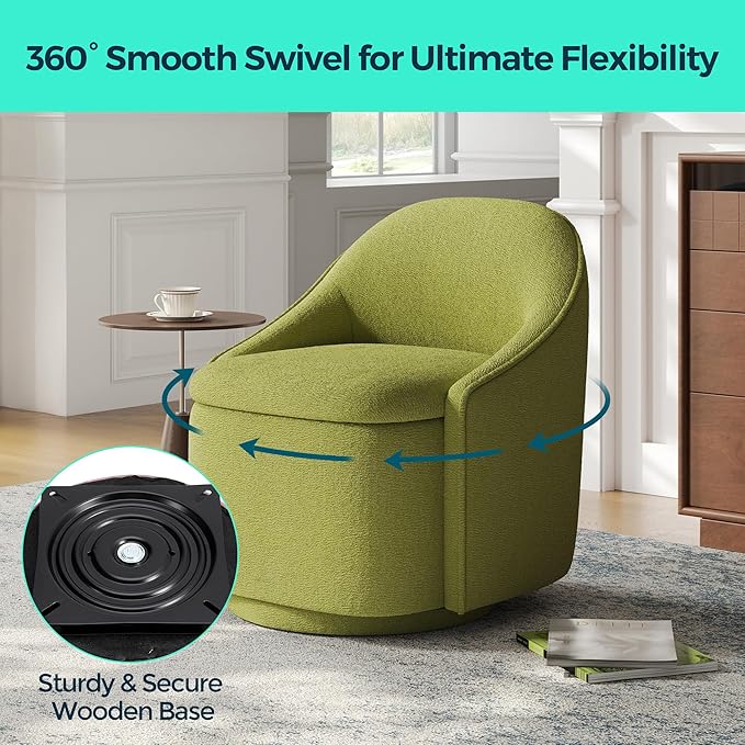 LINSY Swivel Accent Chair Set of 2, Comfy Chenille Barrel Chairs with Storage 360 Swivel Modern Armchair for Living Room Bedroom, Small Boucle Reading Chair for Study Room (Green)