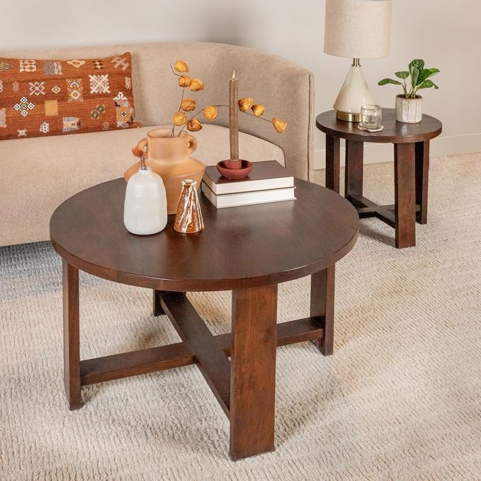Creative Co-Op Elegant Acacia Trestle Round Coffee Table, Walnut