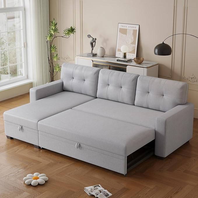 82" L-Shape Convertible Sleeper Sectional Sofa with Storage Chaise and Pull-Out Bed,Modular Corner Couch Lounge,w/Removable 3 Back Cushions and Armrest,for Home Furniture,Light Gray