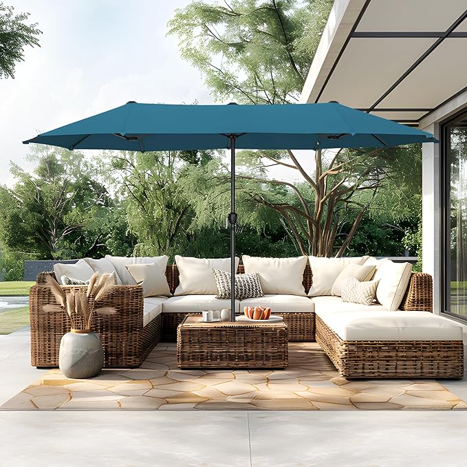 PHI VILLA 13ft Large Patio Umbrellas, Double-Sided Outdoor Market Rectangle Umbrella for Outside, Cyan