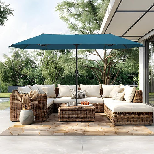 PHI VILLA 13ft Large Patio Umbrellas, Double-Sided Outdoor Market Rectangle Umbrella for Outside, Cyan