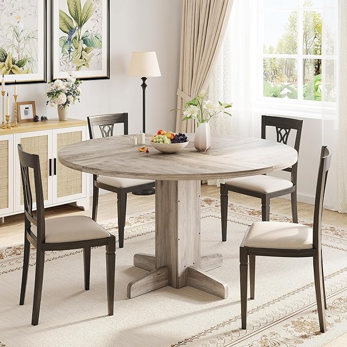 Garvee Round Dining Room Table for 4-6, 47" Wood Kitchen Table with Sturdy Pedestal Base, Farmhouse Circle Dinner Tables for Living Room, Apartment, Grey