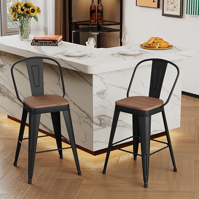 Andeworld Metal Bar Stools Set of 2, 26 inch Counter Height Barstools with Backs Farmhouse Modern High Back Bar Stools with Larger Seat Kitchen Dining Bar Chairs,Matte Black